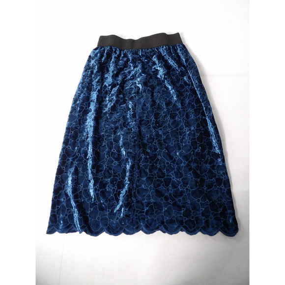 Comme Ca Ism Sz 9 Medium Velvet Skirt Blue Velvet Eyelet Cutout Elastic Stretch - Picture 6 of 16